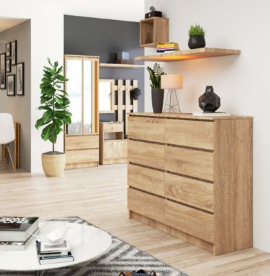Commode K-140 6 Tiroirs Chêne Sonoma & Blanc – Meuble Rangement Chambre, Salon, Bureau 138x77x40 Cm