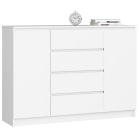 Commode AKORD K140 Blanche 138 cm 2 portes 4 tiroirs façade Blanche 4 étagères 138x40x99 cm