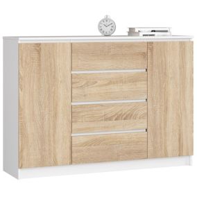 Commode AKORD K140 Blanche 138 cm 2 portes 4 tiroirs façade Chêne Sonoma 4 étagères 138x40x99 cm