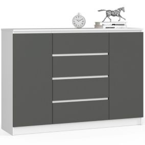 Commode AKORD K140 Blanche 138 cm 2 portes 4 tiroirs façade Gris Graphite 4 étagères 138x40x99 cm