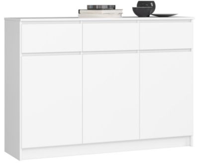 Commode AKORD K140 Blanche 138 cm 3 portes 3 tiroirs façade Blanche 6 étagères 138x40x99 cm