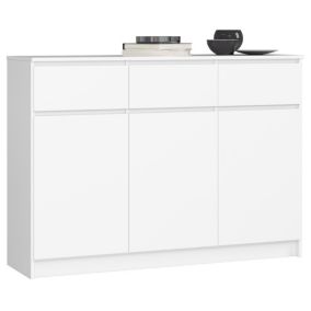 Commode AKORD K140 Blanche 138 cm 3 portes 3 tiroirs façade Blanche 6 étagères 138x40x99 cm