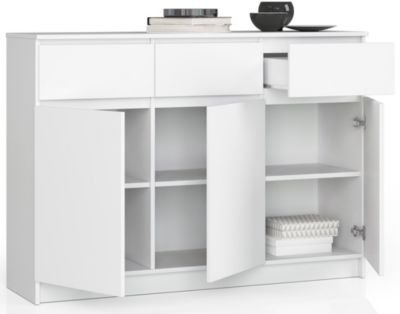 Commode AKORD K140 Blanche 138 cm 3 portes 3 tiroirs façade Blanche 6 étagères 138x40x99 cm
