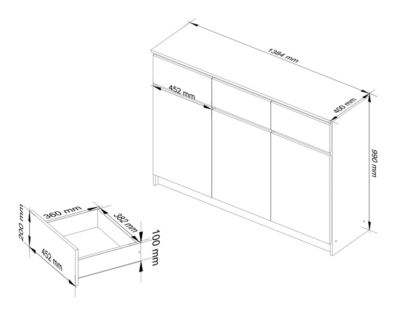 Commode AKORD K140 Blanche 138 cm 3 portes 3 tiroirs façade Blanche 6 étagères 138x40x99 cm