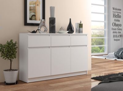 Commode AKORD K140 Blanche 138 cm 3 portes 3 tiroirs façade Blanche 6 étagères 138x40x99 cm