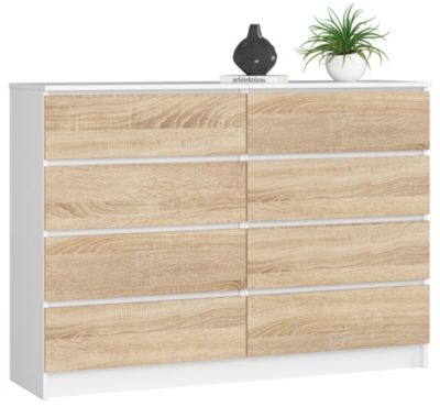 Commode AKORD K140 Blanche 138 cm 8 tiroirs façade Chêne Sonoma 138x40x99 cm