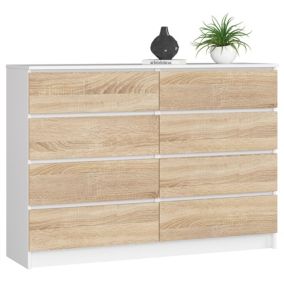 Commode AKORD K140 Blanche 138 cm 8 tiroirs façade Chêne Sonoma 138x40x99 cm
