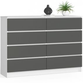 Commode AKORD K140 Blanche 138 cm 8 tiroirs façade Gris Graphite 138x40x99 cm