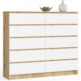 Commode AKORD K140 Chêne Artisan 138 cm 10 tiroirs façade Blanche 138x40x121 cm