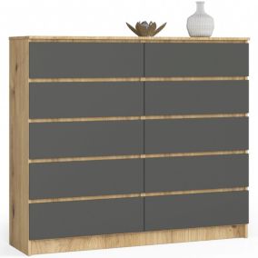 Commode AKORD K140 Chêne Artisan 138 cm 10 tiroirs façade Gris Graphite 138x40x121 cm