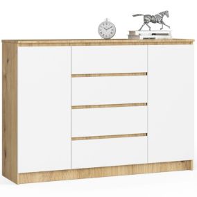 Commode AKORD K140 Chêne Artisan 138 cm 2 portes 4 tiroirs façade Blanche 4 étagères 138x40x99 cm