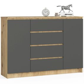 Commode AKORD K140 Chêne Artisan 138 cm 2 portes 4 tiroirs façade Gris Graphite 4 étagères 138x40x99 cm