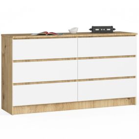 Commode AKORD K140 Chêne Artisan 138 cm 6 tiroirs façade Blanche 138x40x77 cm
