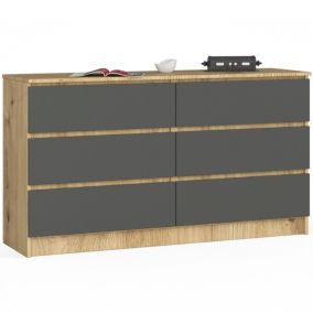 Commode AKORD K140 Chêne Artisan 138 cm 6 tiroirs façade Gris Graphite 138x40x77 cm