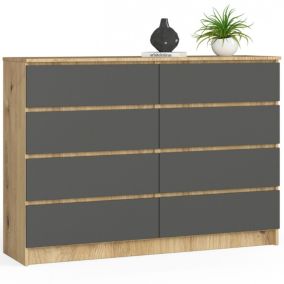 Commode AKORD K140 Chêne Artisan 138 cm 8 tiroirs façade Gris Graphite 138x40x99 cm