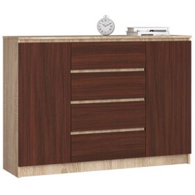 Commode AKORD K140 Chêne Sonoma 138 cm 2 portes 4 tiroirs façade Wengé 4 étagères 138x40x99 cm