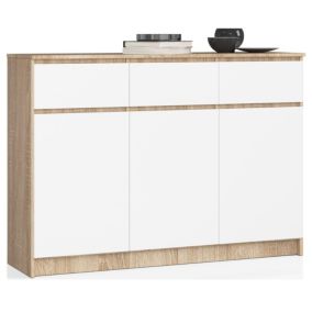 Commode AKORD K140 Chêne Sonoma 138 cm 3 portes 3 tiroirs façade Blanche 6 étagères 138x40x99 cm