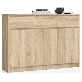 Commode AKORD K140 Chêne Sonoma 138 cm 3 portes 3 tiroirs façade Chêne Sonoma 6 étagères 138x40x99 cm