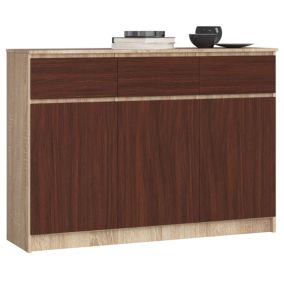 Commode AKORD K140 Chêne Sonoma 138 cm 3 portes 3 tiroirs façade Wengé 6 étagères 138x40x99 cm
