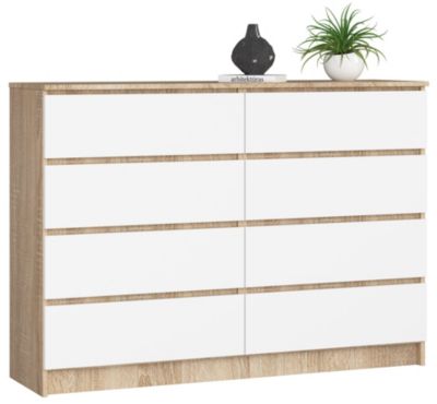 Commode AKORD K140 Chêne Sonoma 138 cm 8 tiroirs façade Blanche 138x40x99 cm