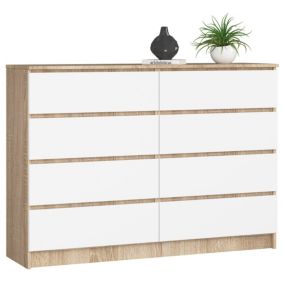 Commode AKORD K140 Chêne Sonoma 138 cm 8 tiroirs façade Blanche 138x40x99 cm