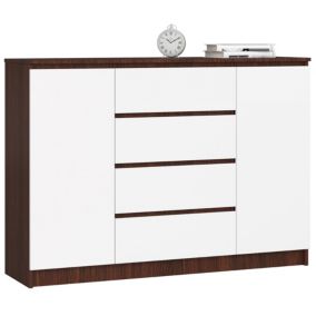 Commode AKORD K140 Wengé 138 cm 2 portes 4 tiroirs façade Blanche 4 étagères 138x40x99 cm