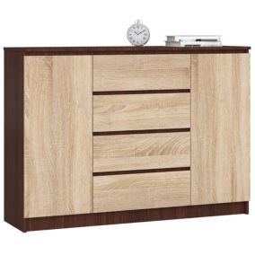 Commode AKORD K140 Wengé 138 cm 2 portes 4 tiroirs façade Chêne Sonoma 4 étagères 138x40x99 cm