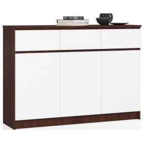 Commode AKORD K140 Wengé 138 cm 3 portes 3 tiroirs façade Blanche 6 étagères 138x40x99 cm