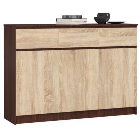 Commode AKORD K140 Wengé 138 cm 3 portes 3 tiroirs façade Chêne Sonoma 6 étagères 138x40x99 cm