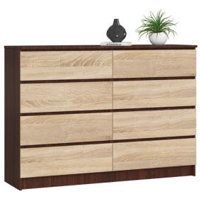 Commode AKORD K140 Wengé 138 cm 8 tiroirs façade Chêne Sonoma 138x40x99 cm