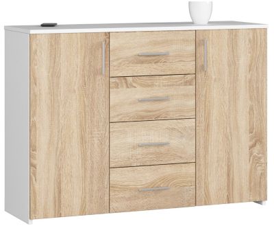 Commode AKORD K45 Blanche 110 cm 2 portes 4 tiroirs façade Chêne Sonoma 4 étagères 110x35x80 cm