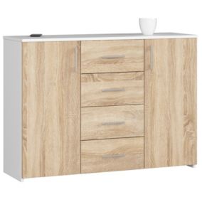 Commode AKORD K45 Blanche 110 cm 2 portes 4 tiroirs façade Chêne Sonoma 4 étagères 110x35x80 cm