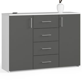 Commode AKORD K45 Blanche 110 cm 2 portes 4 tiroirs façade Gris Graphite 4 étagères 110x35x80 cm
