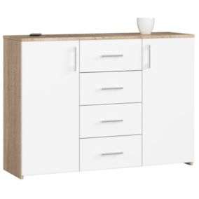 Commode AKORD K45 Chêne Sonoma 110 cm 2 portes 4 tiroirs façade Blanche 4 étagères 110x35x80 cm