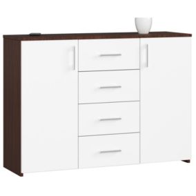 Commode AKORD K45 Wengé 110 cm 2 portes 4 tiroirs façade Blanche 4 étagères 110x35x80 cm