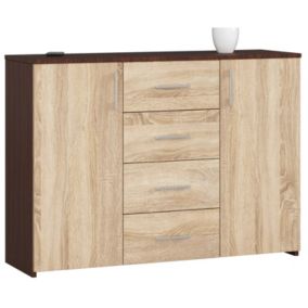 Commode AKORD K45 Wengé 110 cm 2 portes 4 tiroirs façade Chêne Sonoma 4 étagères 110x35x80 cm