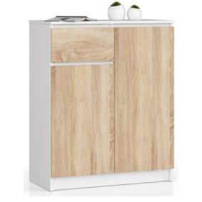 Commode AKORD K80 Blanche 80 cm 2 portes 1 tiroir façade Chêne Sonoma 4 étagères 80x40x99 cm