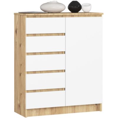 Commode AKORD K80 Chêne Artisan 80 cm 1 porte 5 tiroirs façade Blanche 3 étagères 80x35x97 cm