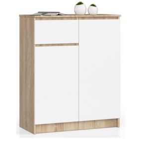 Commode AKORD K80 Chêne Sonoma 80 cm 2 portes 1 tiroir façade Blanche 4 étagères 80x40x99 cm