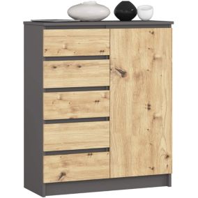 Commode AKORD K80 Gris Graphite 80 cm 1 porte 5 tiroirs façade Chêne Artisan 3 étagères 80x35x97 cm