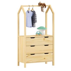 Commode AMIRA meuble de rangment pour enfant en forme de maison, avec 3 tiroirs et 1 tringle, en pin massif naturel