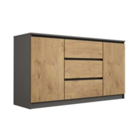 Commode, anthracite, lancelot chêne, 140 x 79 x 39 cm, 3 tiroirs, 2 portes