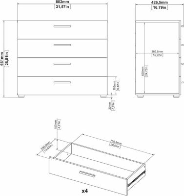 Commode Arwen, 4 Tiroirs 80x40x68h cm Blanc
