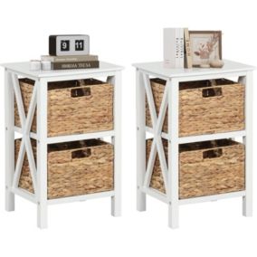 Commode avec 2 Tiroirs de Rangement Paniers en Jonc de Mer Amovible Meuble Rangement sur Pieds Cadre en Bois Hévéa