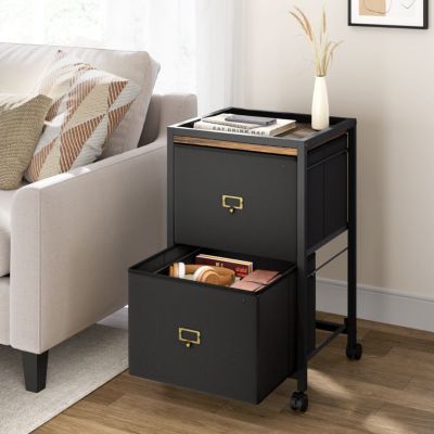Commode avec 2 Tiroirs - Noir - Tissu - Style Industriel - 40x40x66CM - Mobile avec roulettes