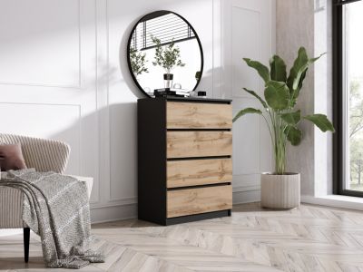 Commode Avec 4 Tiroirs Noir / Chêne Wotan, 70 X 39 X 101 Cm