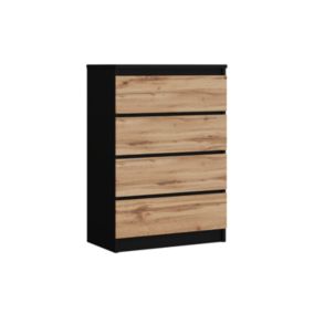 Commode Avec 4 Tiroirs Noir / Chêne Wotan, 70 X 39 X 101 Cm