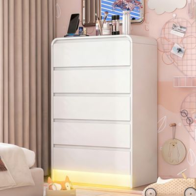 Commode avec 5 tiroirs, Meuble de rangement avec éclairage LED intelligent, Grande capacité, Dispositif anti-trébuchement, Blanc