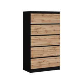 Commode Avec 5 Tiroirs Noir / Chêne Wotan, 70 X 125 X 39 Cm