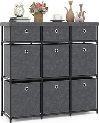 Commode avec 6/9 Tiroirs Pliables, Tour de Rangement avec Bacs en Tissu à Tirer Facilement & Cadre en Métal(9 Tiroirs,Gris)